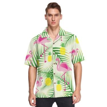 Imagem de Camisa masculina havaiana de manga curta com botão tropical flamingo folha de esperança abacaxi tropical havaiana casual camisas de, Tropical Flamingo Hope Leaf Pineapple Tropical, 3G