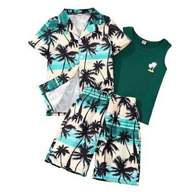 Imagem de Kidmian Liitle Conjunto de 3 peças de camisas havaianas de botão e shorts com colete sem mangas, Verde, 7-8 Anos