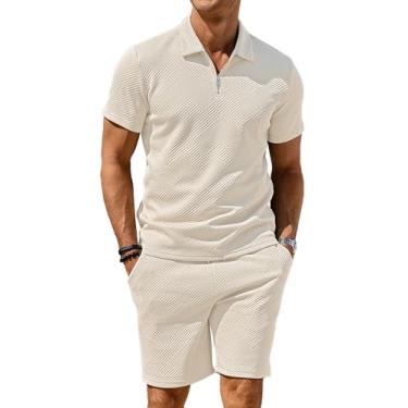 Imagem de PLEPAN Conjunto masculino de 2 peças, camisa polo e shorts, moda de verão, casual, manga curta, agasalho polo para homens, Bege, G