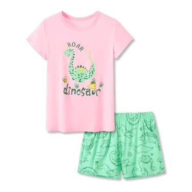 Imagem de Tebbis Pijama de dinossauro verde modal macio para meninas, conjunto de camisetas e shorts, tamanho infantil grande 6-18, Dino rosa e verde (conjunto curto), 14