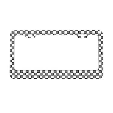 Imagem de Quadro de xadrez preto e branco moldura de placa de carro bandeira de corrida suporte de placa de carro de metal de alumínio personalizado capa de placa frontal molduras para mulheres homens veículos dos EUA padrão 1 peça