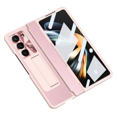 Imagem de POYUFRG Capa de couro para Samsung Galaxy Z Fold 6, proteção de dobradiça de lente de metal, capa fina e leve com suporte invisível à prova de choque, rosa