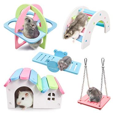 Imagem de Casa de hamsters anões faça você mesmo esconderijo de gerbil de madeira ponte arco-íris balanço e gangorra de PVC, conjunto de brinquedos de exercício esportivo para animais de estimação, acessórios para gaiola de hamster sírio de açucareiro, adequado para pequenos habitat de animais