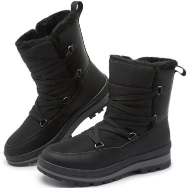 Imagem de Rominz Botas femininas de inverno para neve – impermeável com forro de pele preta quente cano médio antiderrapante – plataforma branca com cadarço, Preto, 40