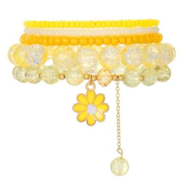 Imagem de SCRDPRAD Pulseira feminina feita à mão com contas de cristal de margaridas coloridas empilháveis com contas de sementes de flores, pulseiras elásticas, joias boho, presentes de aniversário e férias,