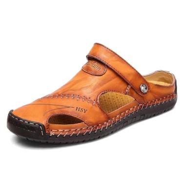 Imagem de NANXIN&LOVE Sandálias masculinas casuais de couro para o verão e praia, chinelo confortável para uso ao ar livre, sandália de trilha leve, ajustável (duas maneiras), Amarelo, 9