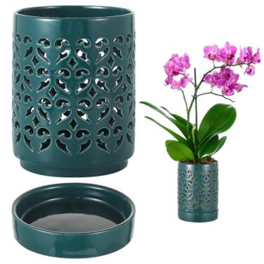 Imagem de plantoky Vaso de orquídea de cerâmica com furos para orquídeas com bandeja para decoração de plantas domésticas, material cerâmico de qualidade, design respirável, ideal para uso interno e externo