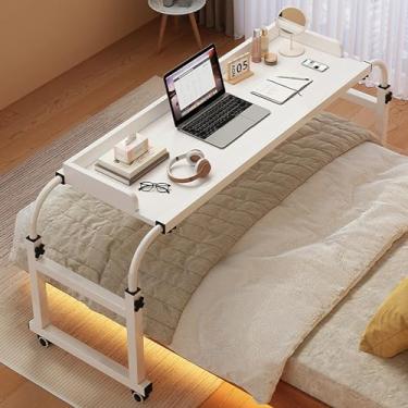 Imagem de Mesa de cama com rodas, altura ajustável de 65 a 95 cm, mesa de computador, mesa de trabalho, bandeja de alimentos, mesa médica com rodinhas para cama de solteiro/casal/queen/king size