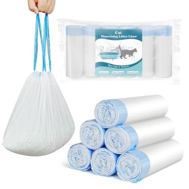 Imagem de PETDREAM Forros de caixa de areia para gatos com 120 unidades para fechamento com cordão, resistente a vazamentos, resistente a rasgos e controle de odor para caixas de areia autolimpantes, M (64 x