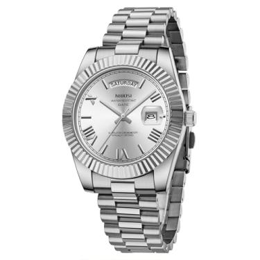 Imagem de NIBOSI Relógio masculino analógico, quartzo, aço inoxidável, ouro rosa, prata, à prova d'água, negócios, design clássico, com data, A02 - todo prata