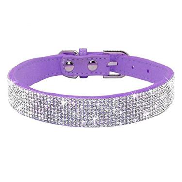 Imagem de Pimaodog Coleira para cachorro com strass, lindo deslumbrante couro de camurça macio ajustável cão gato coleira diamante cristal para filhotes pequenos médios grandes cães (PP: 21 - 26 cm, roxo)