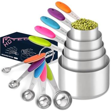 Imagem de HOTEC Conjunto de colheres e copos de medição de aço inoxidável, 10 peças, colheres medidoras de cozinha, serviço pesado e seguro para lava-louças para ingredientes secos e líquidos, multicolorido