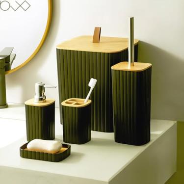 Imagem de Kit Banheiro 5 Peças Bambu Premium Escova Dispenser (Preto)