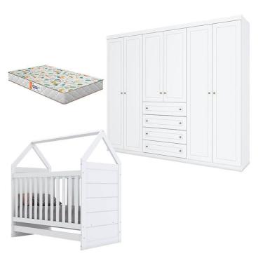 Imagem de Berço Montessoriano E Guarda Roupa Infantil Americano 6 Portas Branco Hp Com Colchão Gazin - Henn
