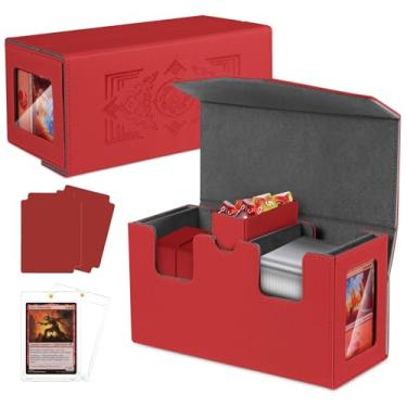 Imagem de Zioffiel Mtg Commander Deck Box, caixa de baralho 3 em 1 Tcg para mais de 500 cartas de manga única, estojo de armazenamento de cartão de jogo com 2 divisórias e 2 toploaders (vermelho)