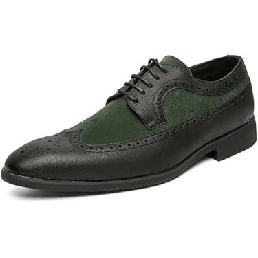 Imagem de Sapatos De Vestir Para Homens Cadarço Dois Tons Ponta De Asa Marrom E Verde Sapatos Derby Couro Falso Salto Bloco Sola De Borracha Baixo Top Antiderrapante, Black, 9 UK