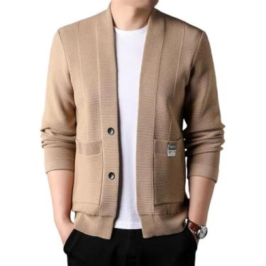 Imagem de Jaqueta De Malha Masculina De Cor Sólida Com Decote Em V Jaqueta Casual Botão Placket Com Bolsos Cardigã Masculino Primavera Outono Transição Homens Manga Comprida, A-camel, 3XL