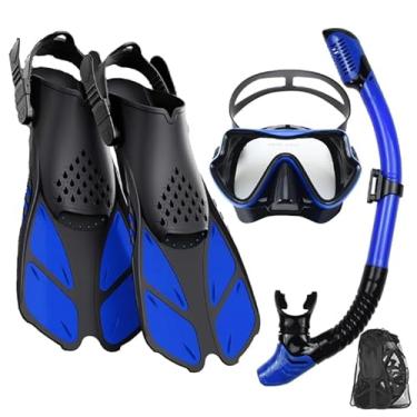 Imagem de Conjunto de Snorkel com Máscara Panorâmica, Tubo Respirador Seco, Nadadeiras Ajustáveis e Bolsa de Transporte. (Azul -Preto, Grande)