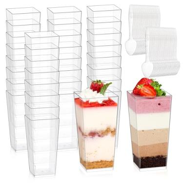 Imagem de 240 peças de copos de sobremesa com colheres, 120 peças, mini copo de parfait de deserto de plástico transparente de 85 g, 120 peças, colheres para festa, pequeno, quadrado, porção de vinho, tigela