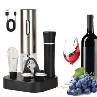 Imagem de Abridor Elétrico e Automático para Vinho e Cerveja com Cortador de Folha, Derramador Aerador, Bomba de Vácuo, Base e 2 Rolhas | Perfeito para Festas, Jantares e Receções
