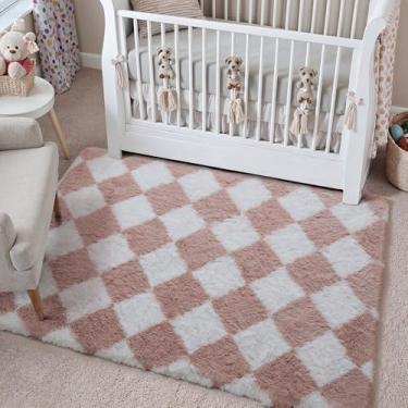 Imagem de WondRg Tapete quadriculado rosa 10 x 15 cm lavável à máquina tapete completo padrão diamante tapete de sala de estar tapete macio para quarto, escritório, sala de jogos, entrada, lavanderia