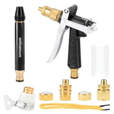 Imagem de SNOMEL Pistola de bocal de pulverizador de mangueira de latão, bocal de mangueira portátil, controle de fluxo resistente, pulverizador de água para jardim com padrões ajustáveis de alta pressão para