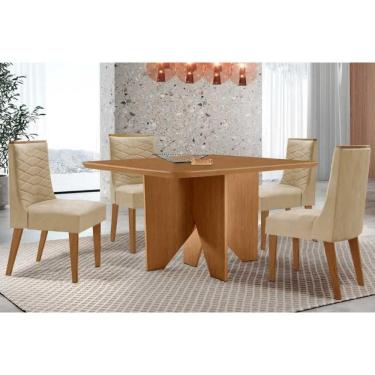 Imagem de Conjunto Sala de Jantar Nevada c/ Tampo Madeirado Canto Curvo 90x90cm e 4 Cadeiras Maldivas Madeira Maciça Naturale - Capuccino/Linho Capuccino-Rufato
