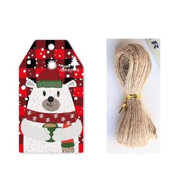 Imagem de 50 etiquetas de presente de papel de Natal com cordas, etiquetas de presente de papel de feliz Natal de 6,9 cm x 4,1 cm, etiquetas de presente com corda para lembrancinhas de festa, sacos de presente