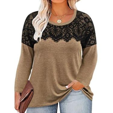 Imagem de Blusas RITERA Plus Size, renda, manga comprida, gola redonda, cinza ou