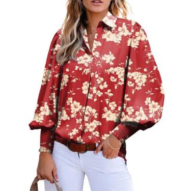 Imagem de Blusa feminina elegante com decote em V e manga lanterna vermelha M - 