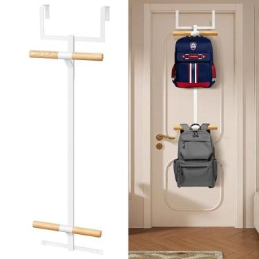 Imagem de COZFUR Cabide de mochila sobre a porta, suporte de armazenamento de mochila de metal de 2 níveis, bolsa escolar que economiza espaço, cabides de mochila para armário