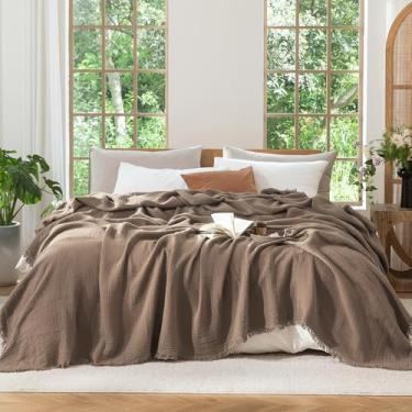 Imagem de MooMee Cobertor de musselina - Cobertor de gaze 100% algodão de 4 camadas com borlas ultramacio respirável leve refrescante para sofá de cama (marrom, Queen 228,6 cm x 228,6 cm)