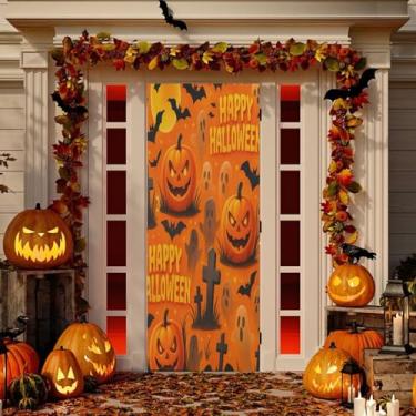 Imagem de Wassud Decoração de capa de porta de Halloween para noite de dia das bruxas, faixa interna, decoração de varanda, casa grande, decoração de porta da frente 96 x 98 polegadas