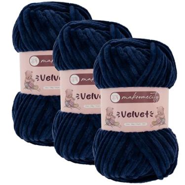 Imagem de Makromecity 3 novelos de fio de veludo 100 g (3,5 oz) / 120 m (132 jardas) fio de chenille premium 100% poliéster, ultra macio, antibolinhas, lavável na máquina, 30 cores para tricô e crochê (azul