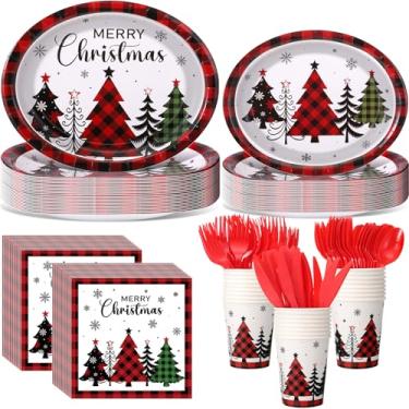 Imagem de Havawish Conjunto de utensílios de mesa descartáveis para árvore de Natal, 175 peças, xadrez buffalo, vermelho, preto, oval, pratos, copos, guardanapos, garfo, faca, colher, para decoração de mesa de