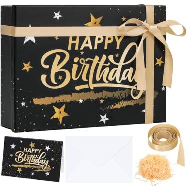 Imagem de Ctosree Caixa de presente preta de feliz aniversário com tampa para presentes, 35 x 25 x 10 cm ouro preto grande caixa de papelão dobrável estrela de luxo para embalagem de presente, contém cartão