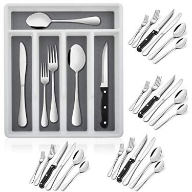 Imagem de Conjunto de talheres de 24 peças com facas de bife e bandeja organizadora, talheres de aço inoxidável E-far para 4, utensílios de mesa básicos para cozinha doméstica, polimento espelhado, pode ser lavado na lava-louças