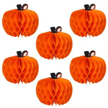 Imagem de 6 peças de decorações de papel de favo de mel de abóbora de outono, centro de mesa de abóboras de Ação de Graças, bolas de papel de colmeia penduradas para decoração de festa de Halloween e colheita