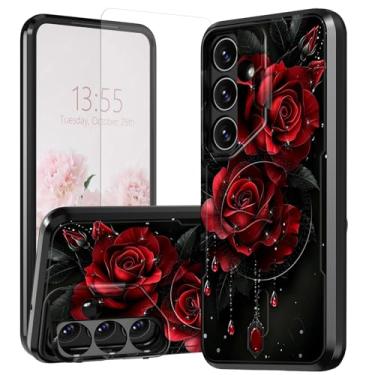 Imagem de Capa para Samsung Galaxy S25 Plus para Galaxy S24 Plus de 6,7 polegadas com protetor de tela e suporte de câmera embutido Capa protetora magnética à prova de choque rosas vermelhas para Galaxy S25+