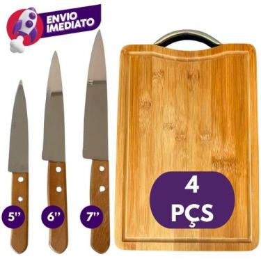 Imagem de Kit Churrasco Tábua Corte Em Madeira Bambu E 3 Facas Peixeira Cabo Mad