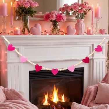 Imagem de Landical Dia de Galentine Rosa Feltro Coração Guirlanda Pré-amarrado Coração Feltro Contas de Madeira Pendurado Faixa Decoração para Mulheres Amigas Bestie Galentine Decoração de Lembranças de Festa