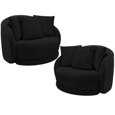 Imagem de Kit 02 Poltronas Decorativa Para Sala De Estar Base Giratória Witta M03 Bouclê Preto