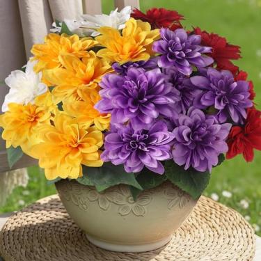 Imagem de VIERENA 8 pacotes de flores artificiais de dália para decoração de primavera e verão, flores de seda que não desbotam, arranjo de plantas para casa, jardim, varanda, fazenda (cor mista)