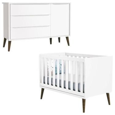 Imagem de Berço Americano e Cômoda com Porta Infantil Theo Branco Acetinado com 