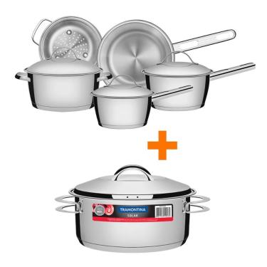 Imagem de KIT - Conjunto de Panelas Inox 5 PCS Allegra + Panela Inox Fundo Triplo Solar 4,7L - Tramontina