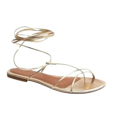 Imagem de Sandália Rasteira Gladiadora Tiras Finas De Amarrar Dourado (38)