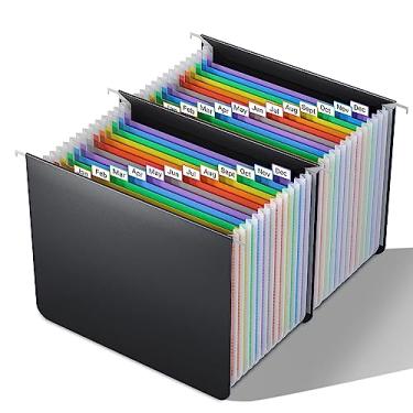 Imagem de Pastas de arquivo suspensas expansíveis de plástico tamanho carta, 26 bolsos expansíveis, abas alfabéticas coloridas A-Z, pasta suspensa inovadora acordeão para armário de arquivos, Fun storage Office Supplies, preto arco-íris