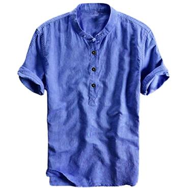 Imagem de Camisa masculina Henley de linho manga curta casual algodão gola faixa verão regular camisa leve férias praia camisas, 014-Azul-marinho, G