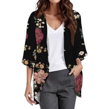 Imagem de Camisa feminina havaiana estampa floral manga bufante 3/4 verão leve chiffon quimono cardigã blusa casual, #A5 Wine, GG