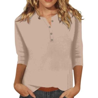 Imagem de Camiseta feminina Henley manga 3/4 comprimento blusa cor sólida ajuste solto túnica casual elegante, Café, G